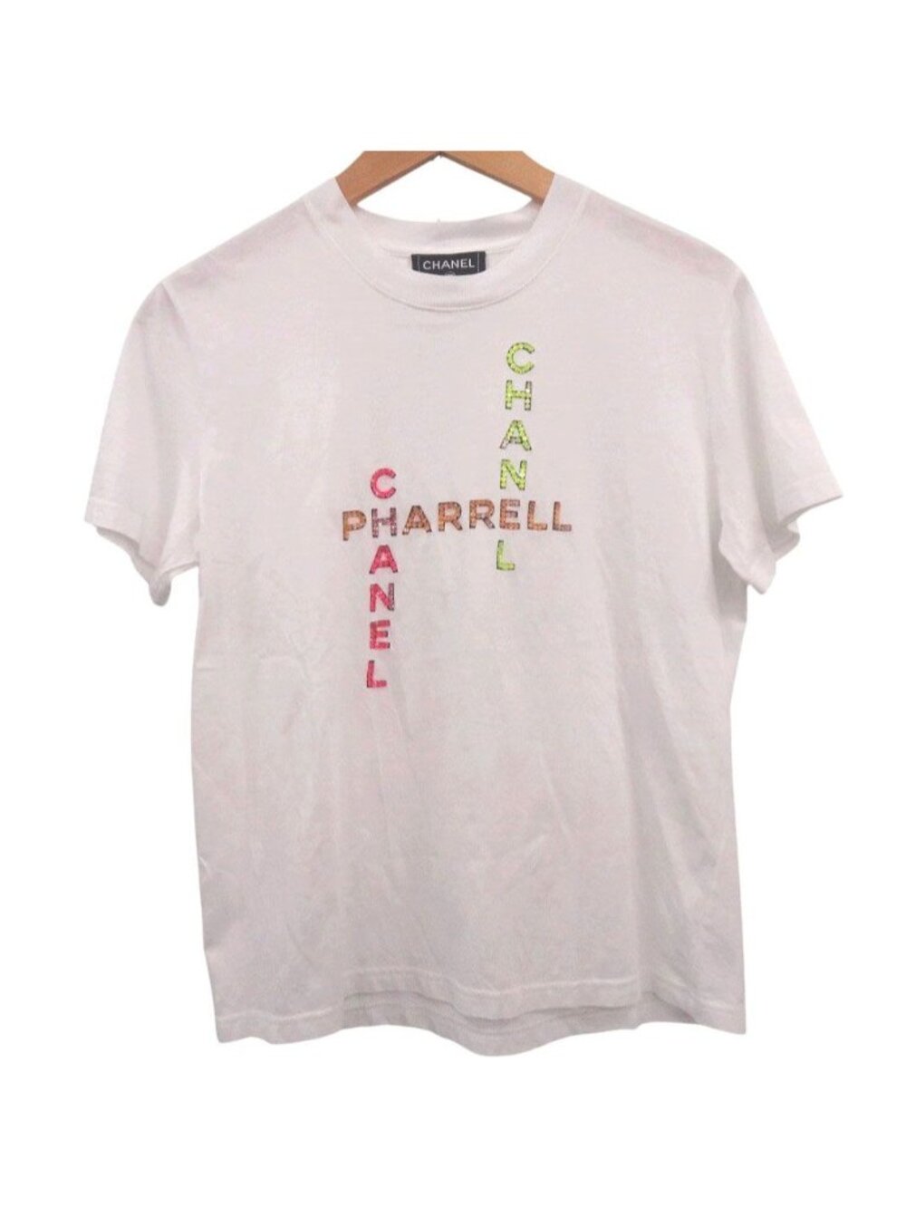 Chanel Pharrell Williams Beads Logo Short Sleeve T-Shirt Cotton White Pink